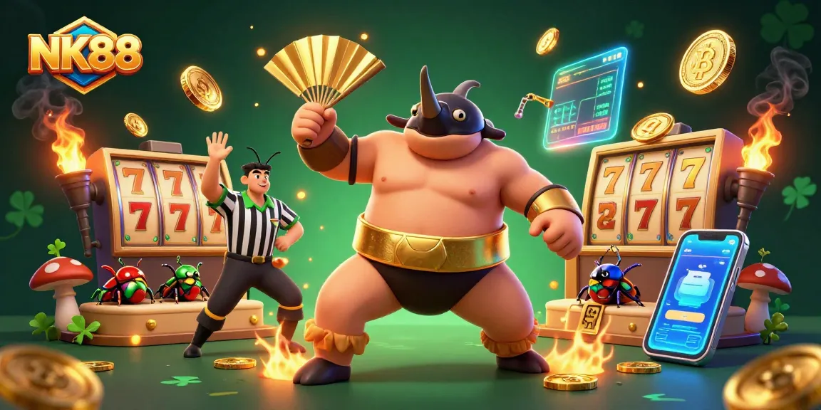 Experience the excitement of NK88 as the vibrant beetle champion stirs golden coins in a colorful sumo battle.