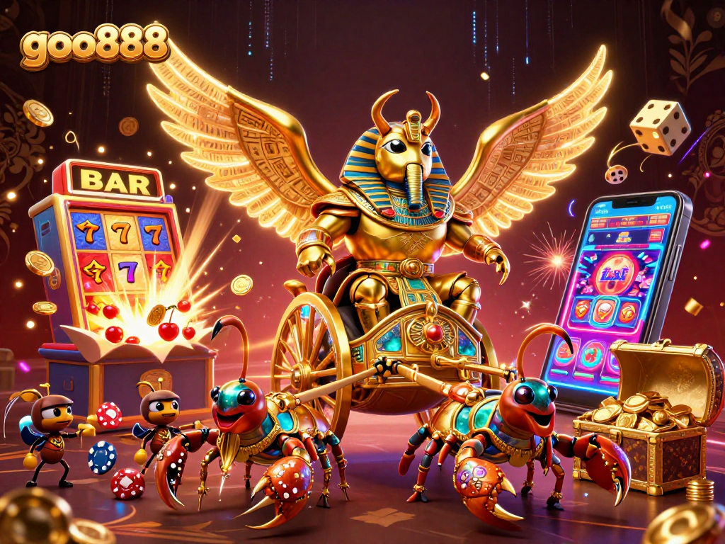 Experience the thrilling world of goo888 with a vibrant 3D chariot scene packed with casino action.