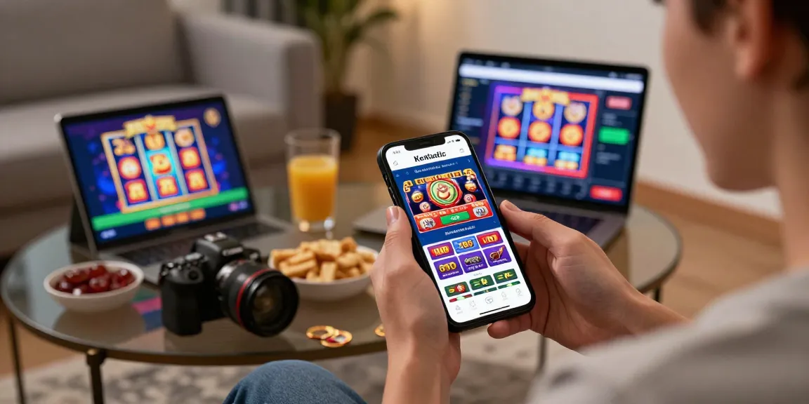 Een enthousiaste speler geniet van het Kentastic Casino op een mobiele telefoon met kleurrijke gokkasten en een live dealer op tafel.