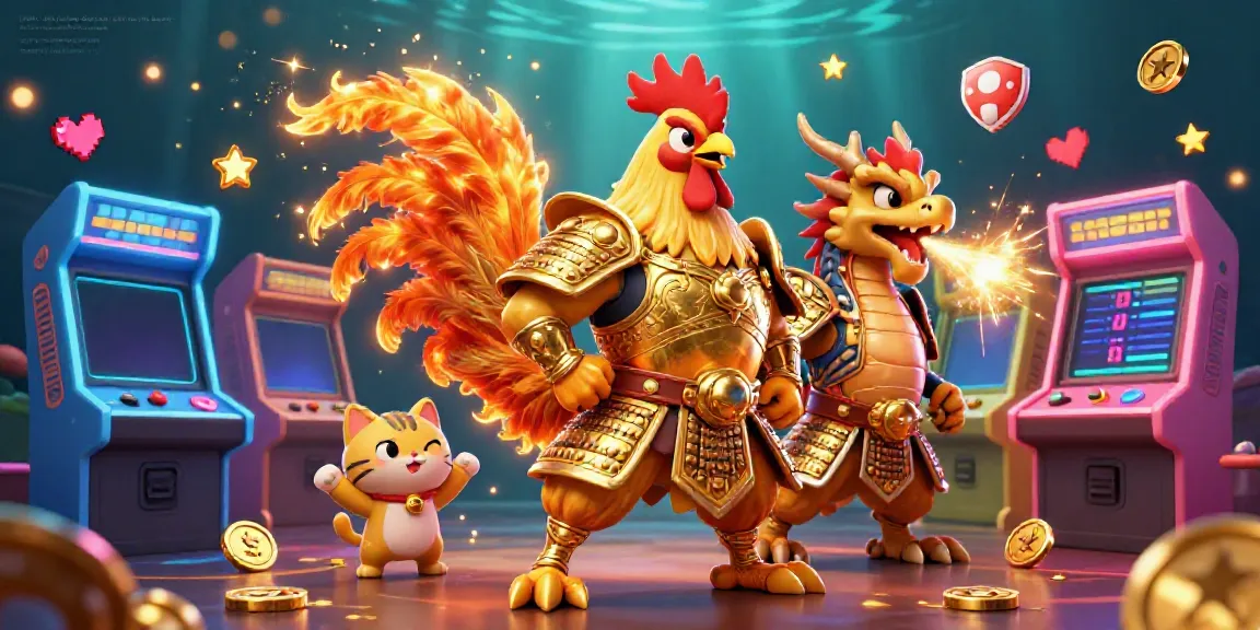 The dynamic scene of kqbd - kết quả bóng đá trực tuyến - kết quả bóng đá hôm nay features a rooster warrior and dragon hatchling amidst arcade game elements.