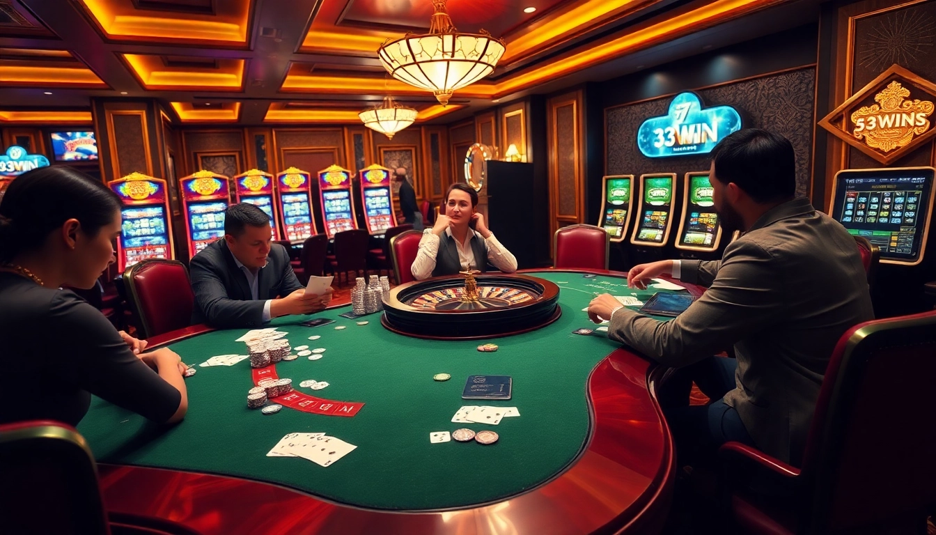 Excited players at a luxurious 33WIN casino table showcasing high-stakes gameplay.