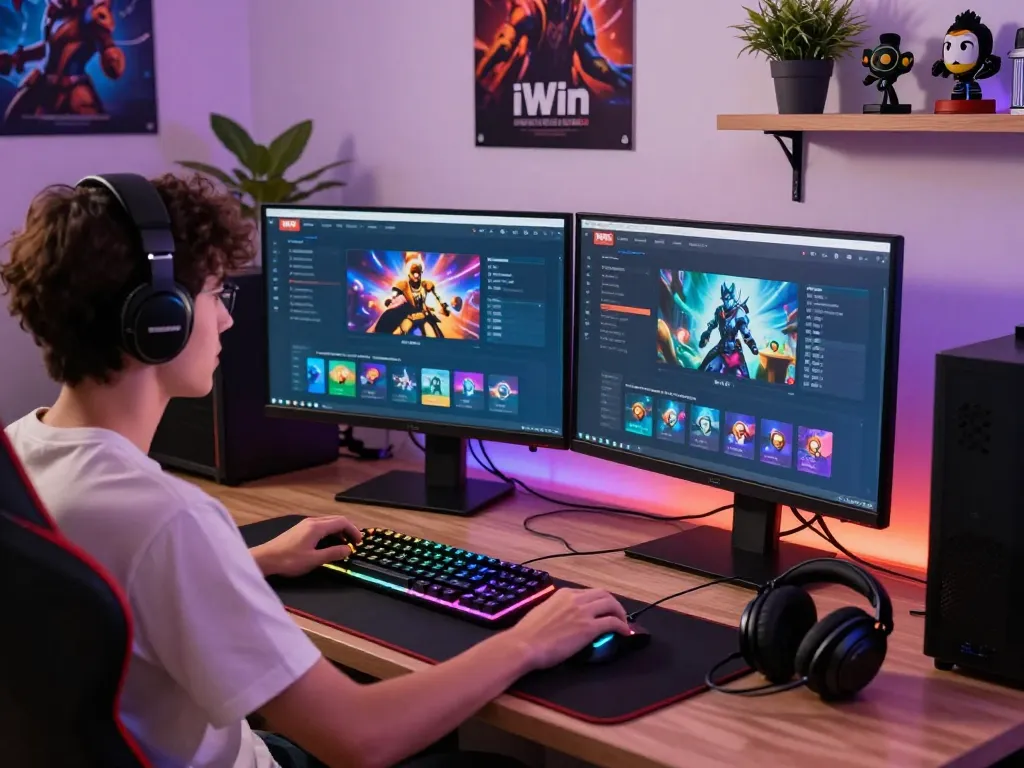 Excited gamer engaging with the iWin platform in a vibrant gaming setup, showcasing modern accessories and an inviting atmosphere.