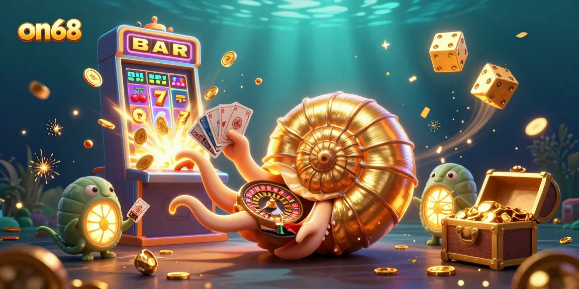 Experience exciting wins at on68 with a dazzling scene of a giant nautilus roulette and vibrant casino elements.