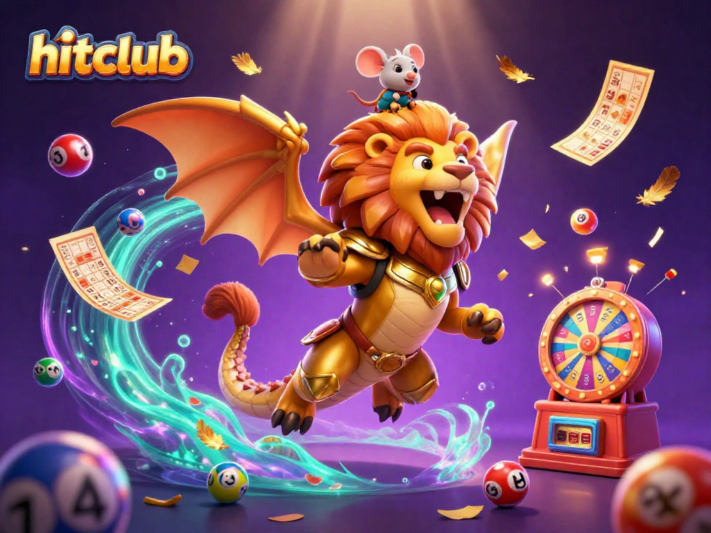 Join the thrill of hitclub with a triumphant chimera and a brave mouse jockey amidst colorful lottery balls.