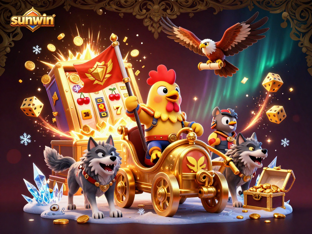 Sunwin casino scene illustrating a rooster warlord on a chariot amidst a jackpot explosion!