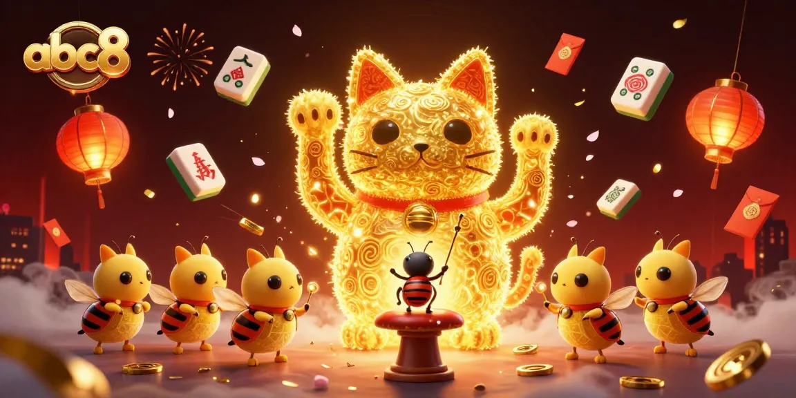 Engage with the exciting abc8 casino world as golden fireflies form a lucky cat surrounded by festive elements.