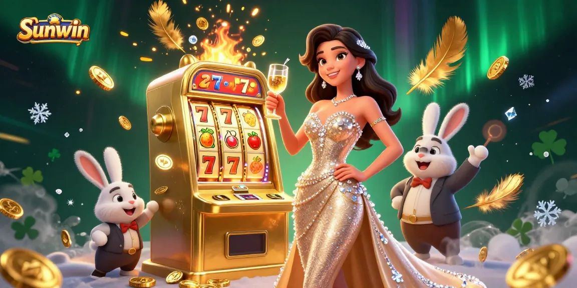 Experience thrilling wins at Sunwin, featuring a glamorous casino scene with a jackpot slot machine.