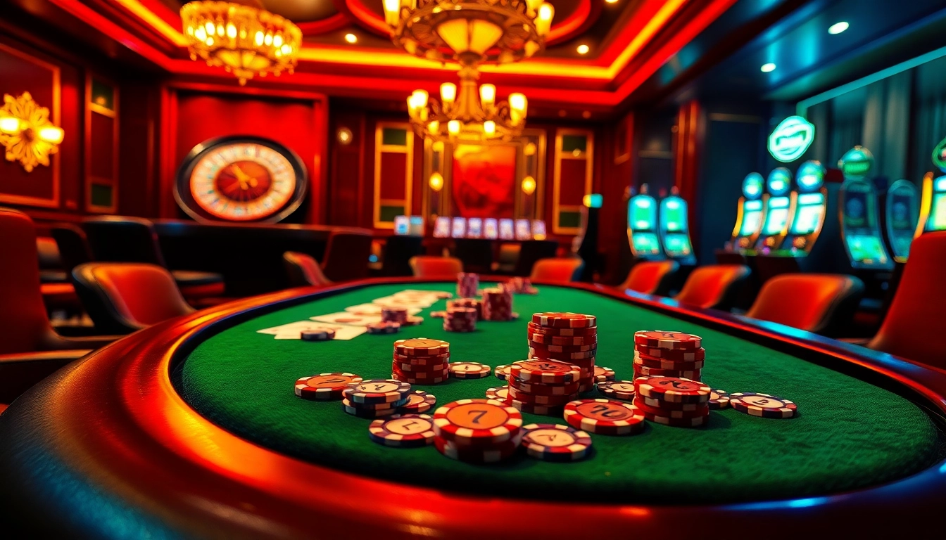 Experience the thrill of gambling at a luxurious casino with 7m-themed poker chips and vibrant atmosphere.