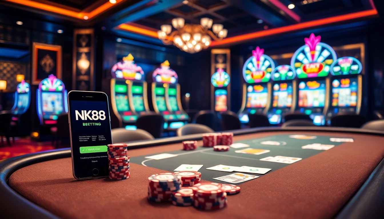 Experience thrilling gaming at NK88 bio with vibrant poker chips and elegant casino decor.