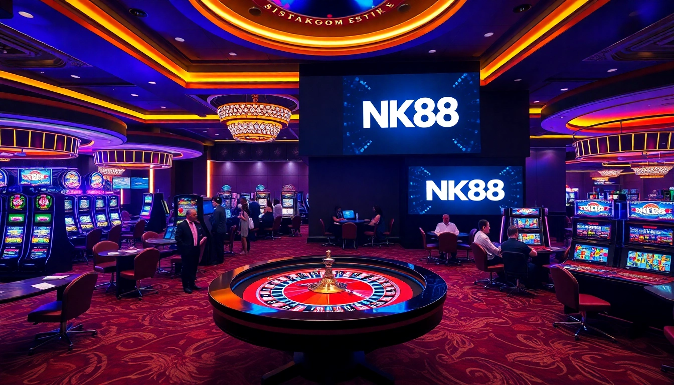 Exciting casino scene featuring NK88 logo with players engaged at a roulette table.