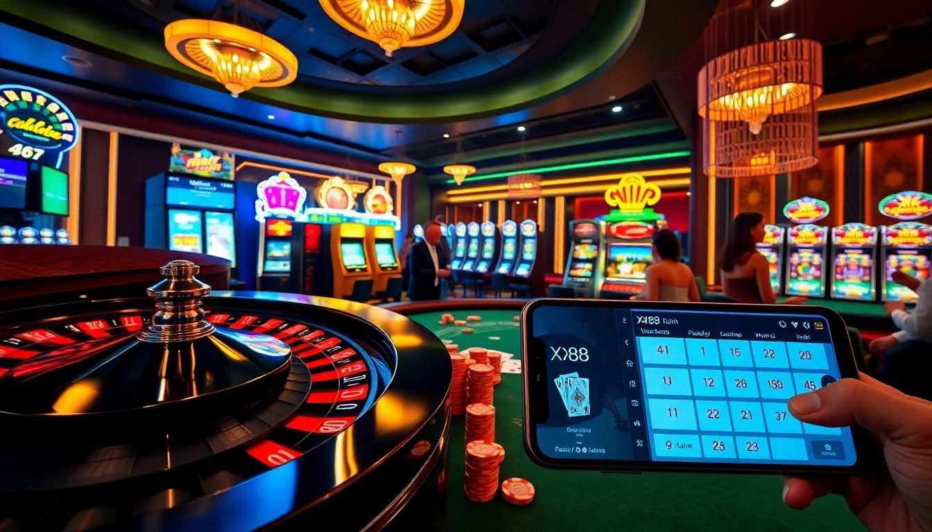 Gamblers enjoying an exciting round at XX88 casino with vibrant slot machines and roulette.