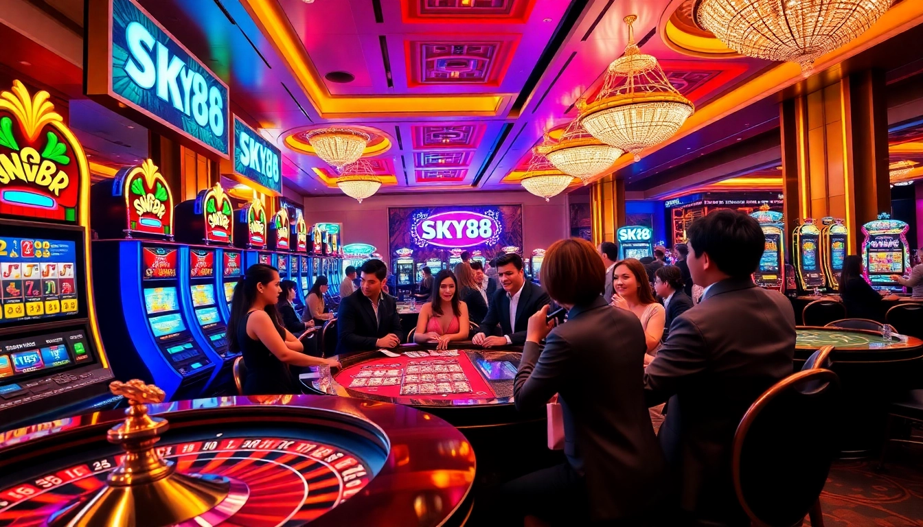 High-stakes players engaging in thrilling gambling at the SKY88 casino table amidst a vibrant, luxurious setting.