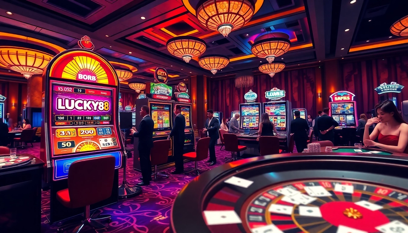 Players enjoying the exciting LUCKY88 slot machine experience in a lavish casino setting.
