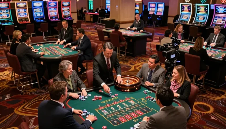 Gamblers placing bets at roulette tables in a vibrant casino scene showcasing CM88 excitement.