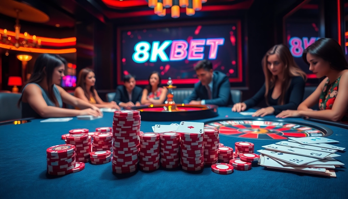 Experience the thrilling atmosphere of 8KBET with vibrant casino tables, exciting gameplay, and luxurious poker chips.