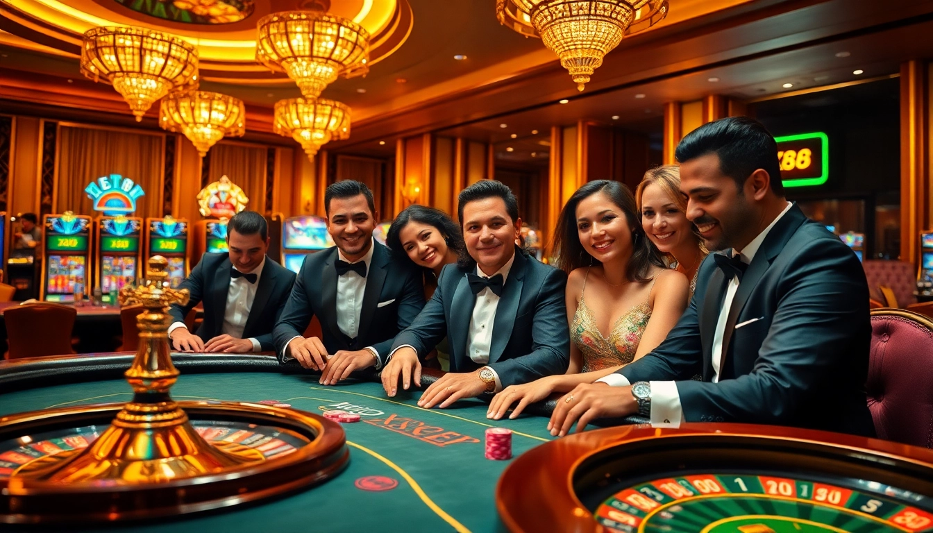 Experience the thrill of winning at XX88 with vibrant casino tables and glamorous players.