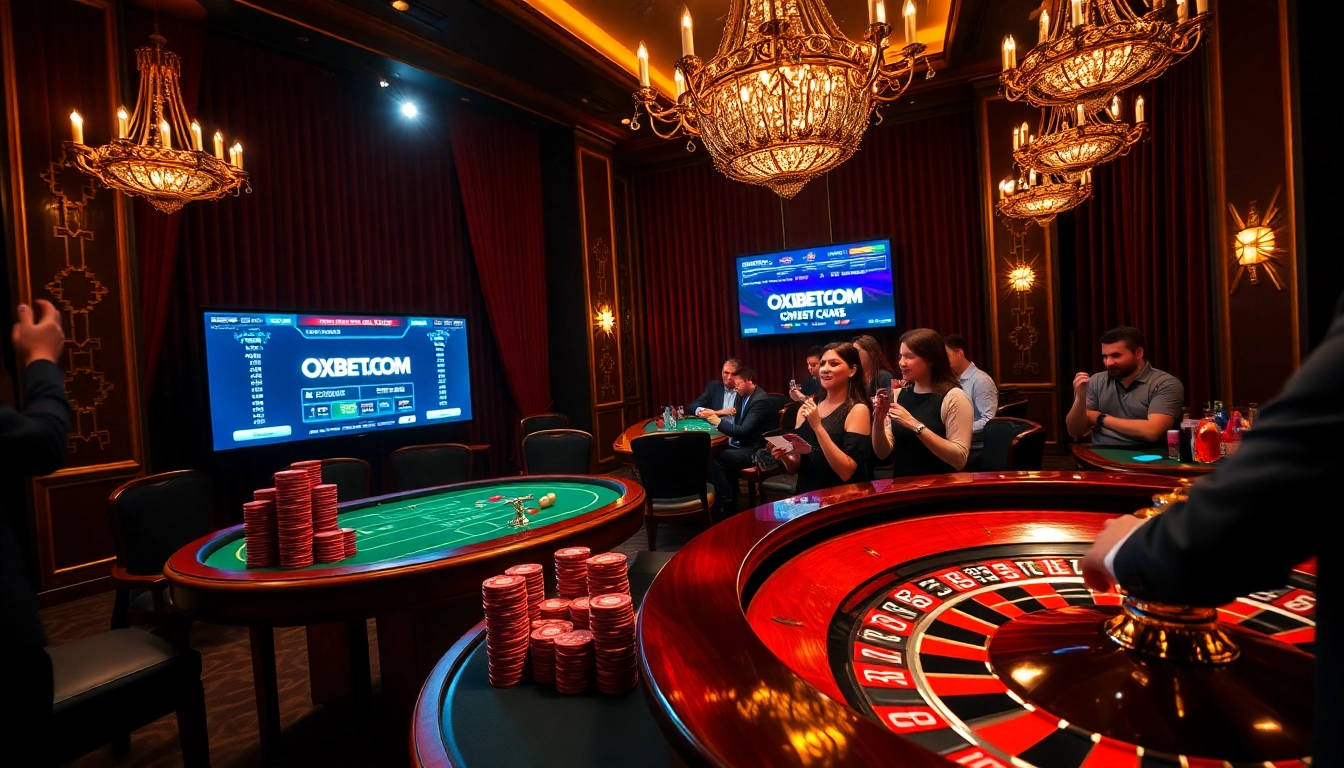 Players enjoying a luxurious gaming experience at OXBET COM casino with exciting table games and vibrant atmosphere.