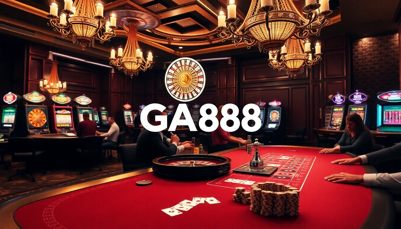 Engaging scene of gamers at a GA888 casino poker table, showcasing vibrant excitement and high stakes.
