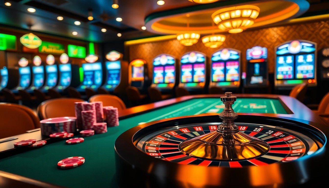 Experience thrilling gameplay at https://tt88.to/ with vibrant poker chips and an elegant roulette wheel in a luxurious casino setting.