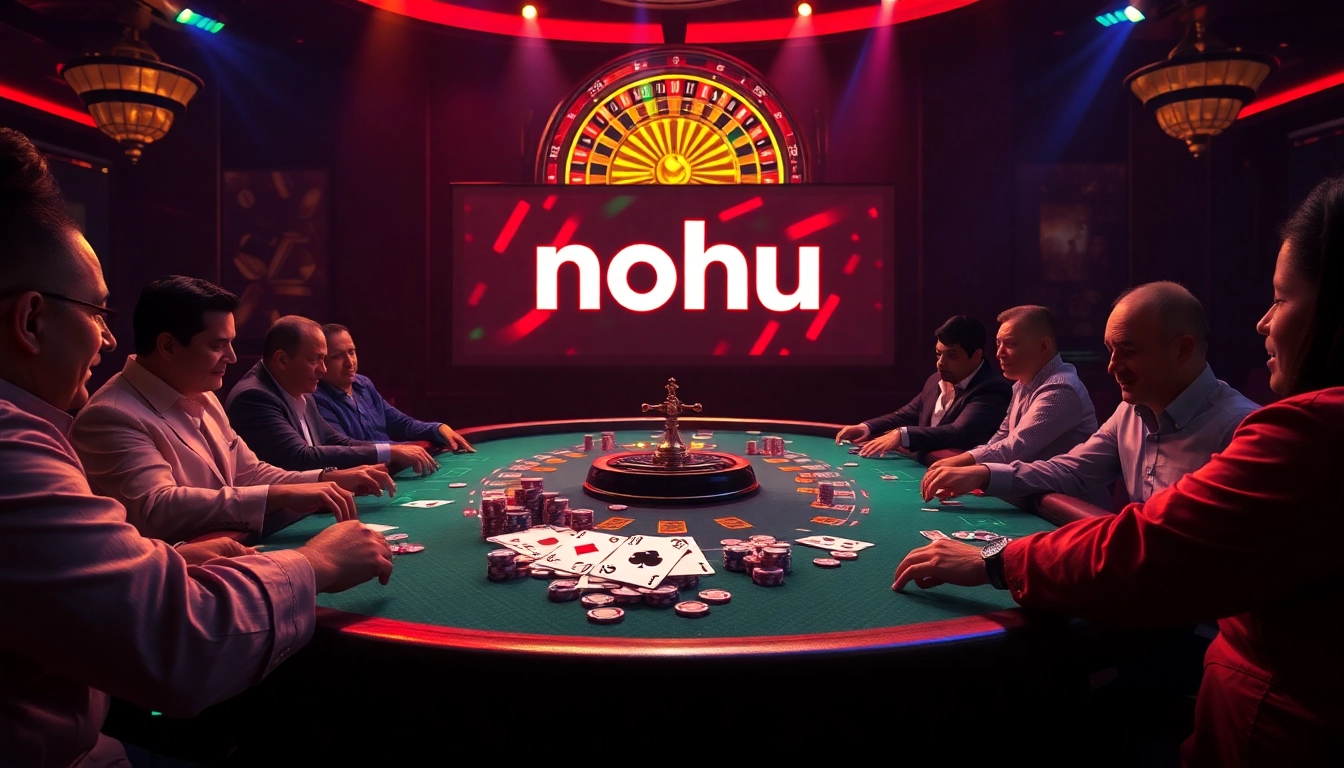 Nohu-themed casino scene featuring a high-stakes poker table, vibrant chips, and roulette wheel.