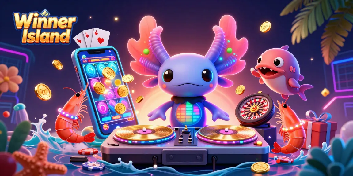 Engage in thrilling gaming at Winner Island with vibrant characters and dynamic casino elements.
