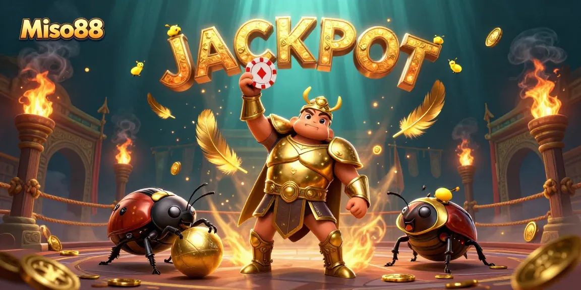 Miso88 showcases a victorious 3D beetle hero lifting a poker chip amidst an explosion of golden gaming elements.