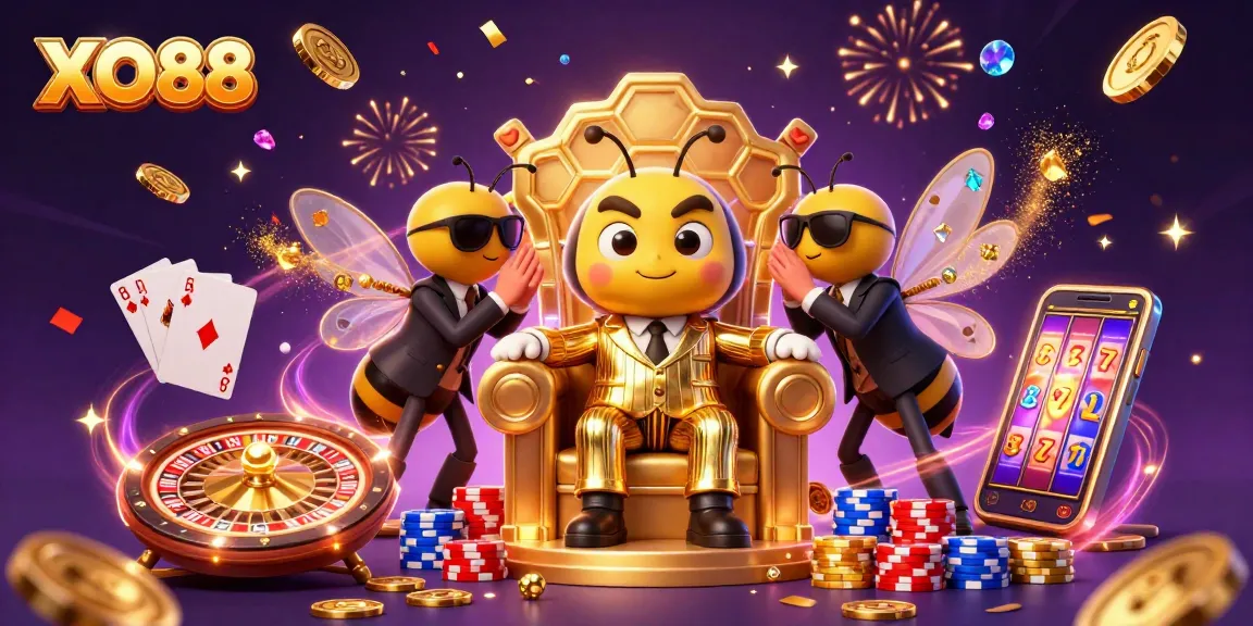 Engage in the vibrant world of XO88 with a dynamic casino scene featuring thrilling games and characters.