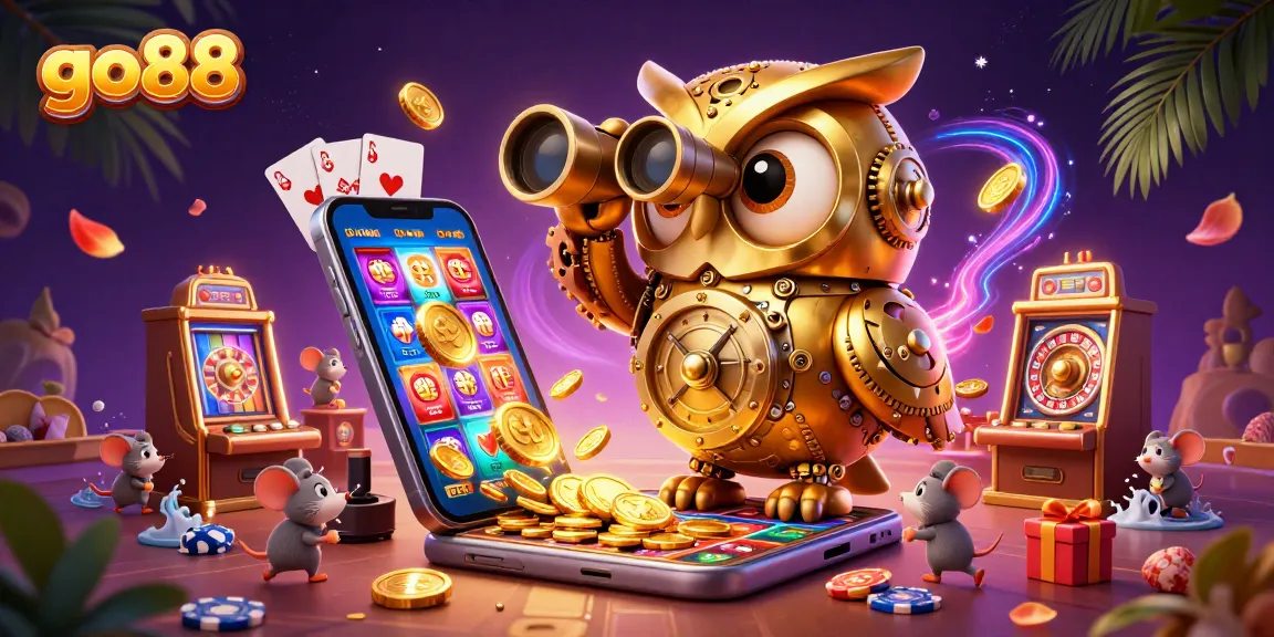 Experience go88 with golden owl overseeing a vibrant casino scene filled with slot games and excitement.