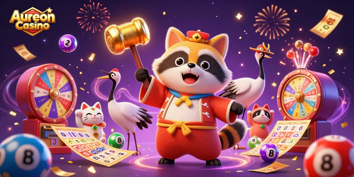 Aureon Casino showcases vibrant gameplay with a cheerful tanuki surrounded by colorful lottery elements and festive decorations.