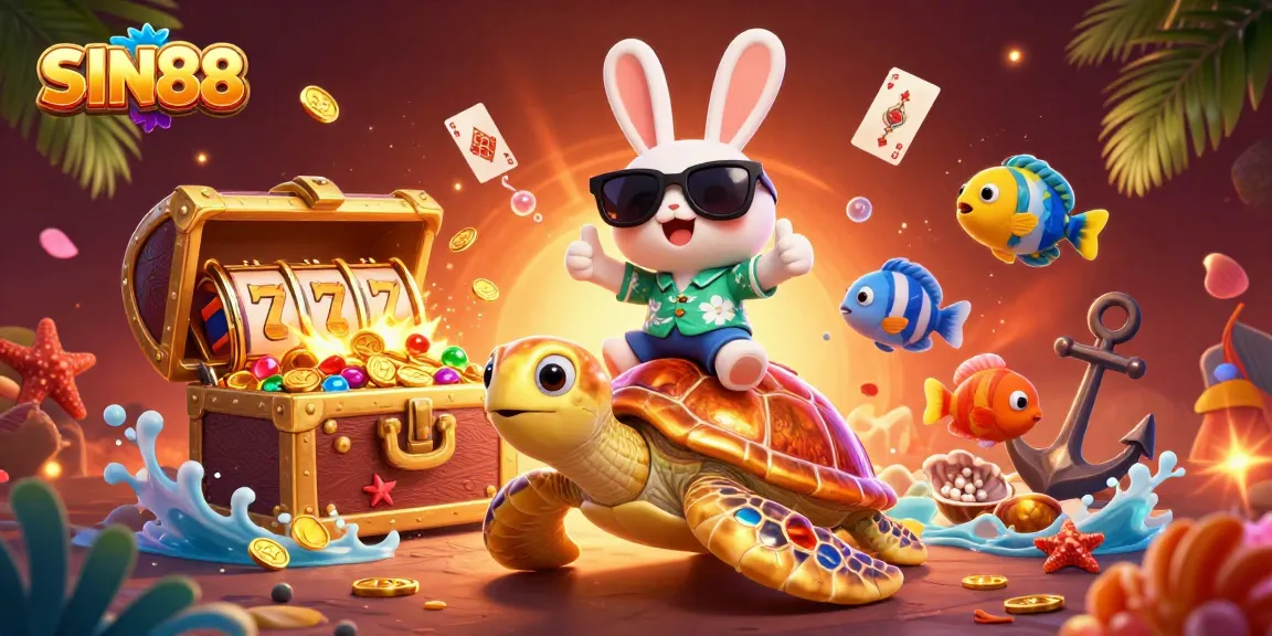 SIN88 promotes winning excitement with a lucky rabbit and turtle in vibrant casino scene.