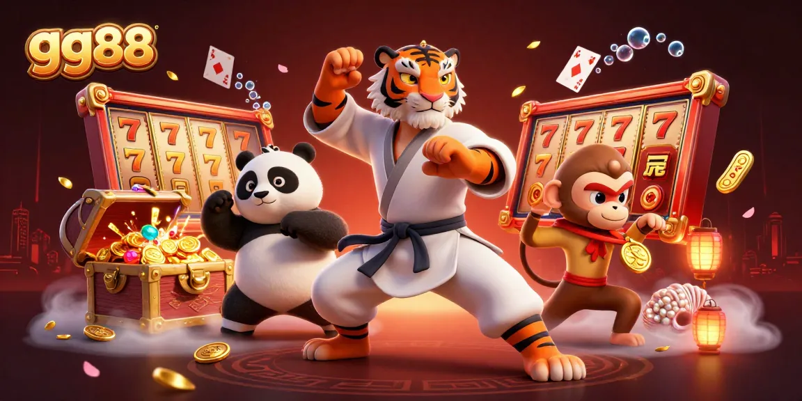 Engage with gg88 by watching a kung fu tiger master and friends celebrate in a casino-themed illustration.